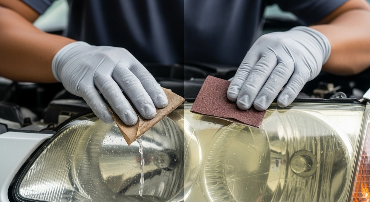 cara kilatkan lampu kereta guna kertas pasir