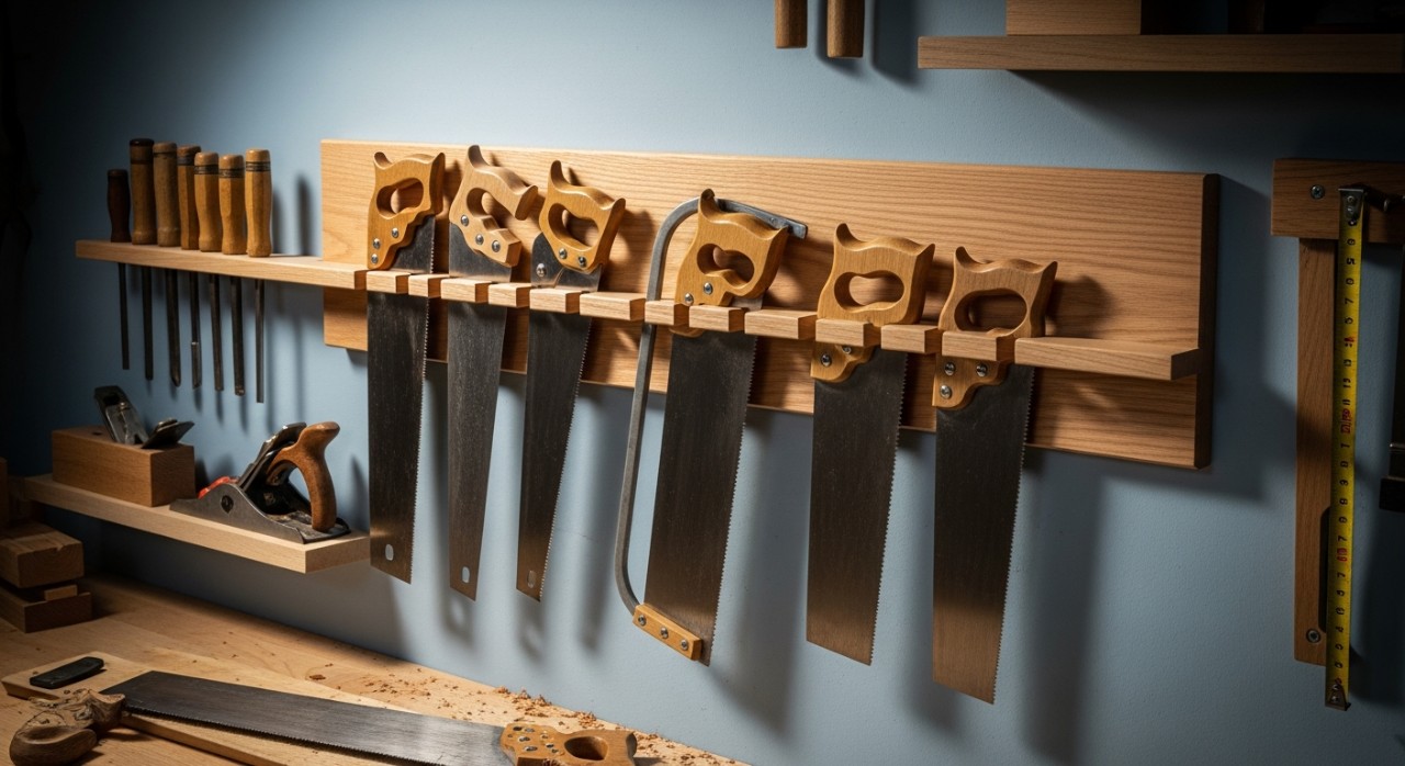 penyimpanan gergaji di bengkel kecil